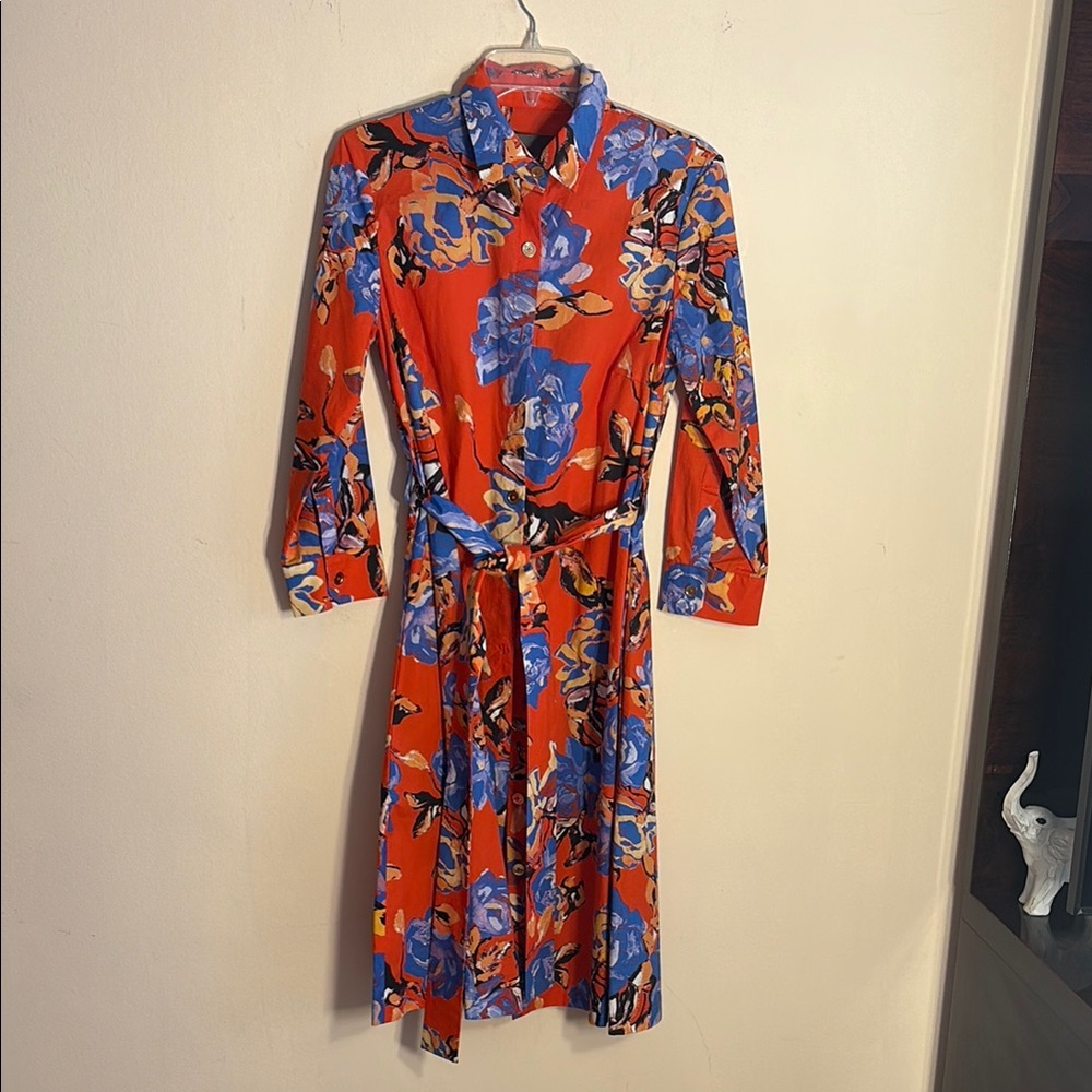 Monique Lhuillier Red and Blue Long Sleeve Shirt Dress